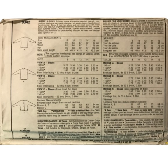 Vintage ©1984 McCall's 9342 Sewing Pattern, Misses Blouse Size 16 - Picture 2 of 2